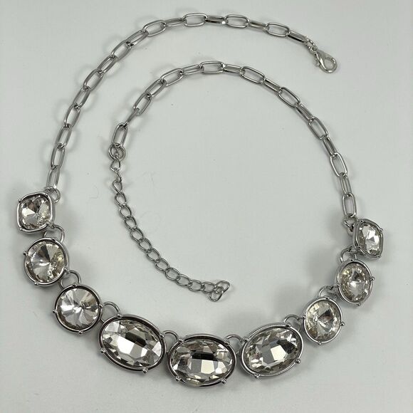 Silver Tone White Glass Rhinestone Collar Necklace Statement Bling Elegant - Picture 2 of 6